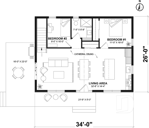 1st level - Small chalet or compact eco-friendly house plan, 2 to 4 bedrooms, cathedral, optional finished basement ($) - Kief