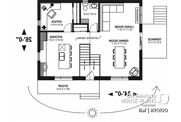 1st level - Ecological split-level house plan with 3 to 4 bedrooms, home office and cathedral ceiling. - Kief