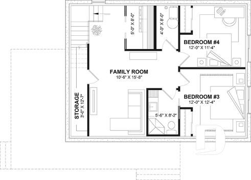 Finished basement (Optional $) - Small chalet or compact eco-friendly house plan, 2 to 4 bedrooms, cathedral, optional finished basement ($) - Kief