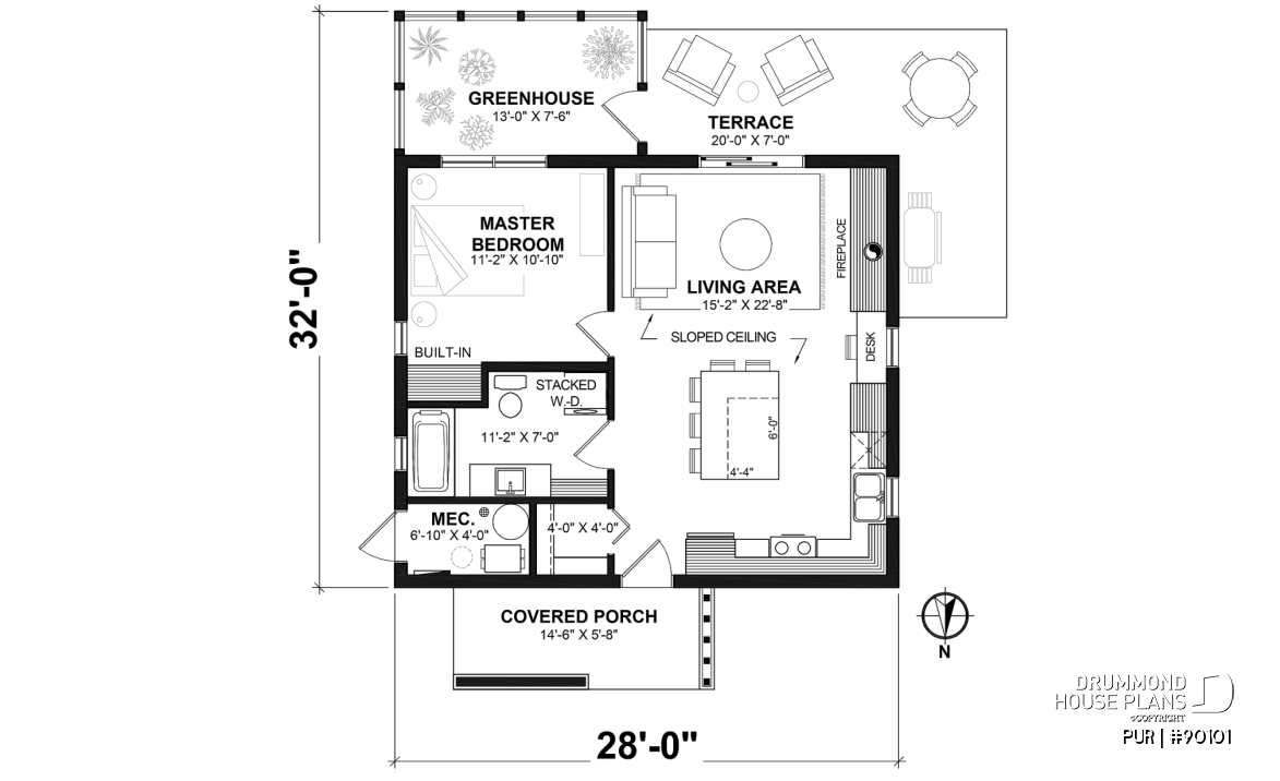 1st level - Eco-friendly house plan, green house, one (1) bedroom, open floor plan concept, office corner - PUR