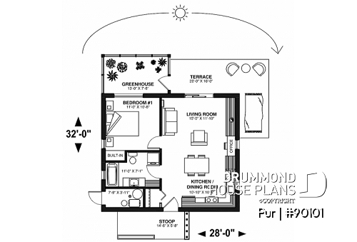 1st level - Ecological house plan, green house,  one (1) bedroom, open floor plan concept, office corner - PUR