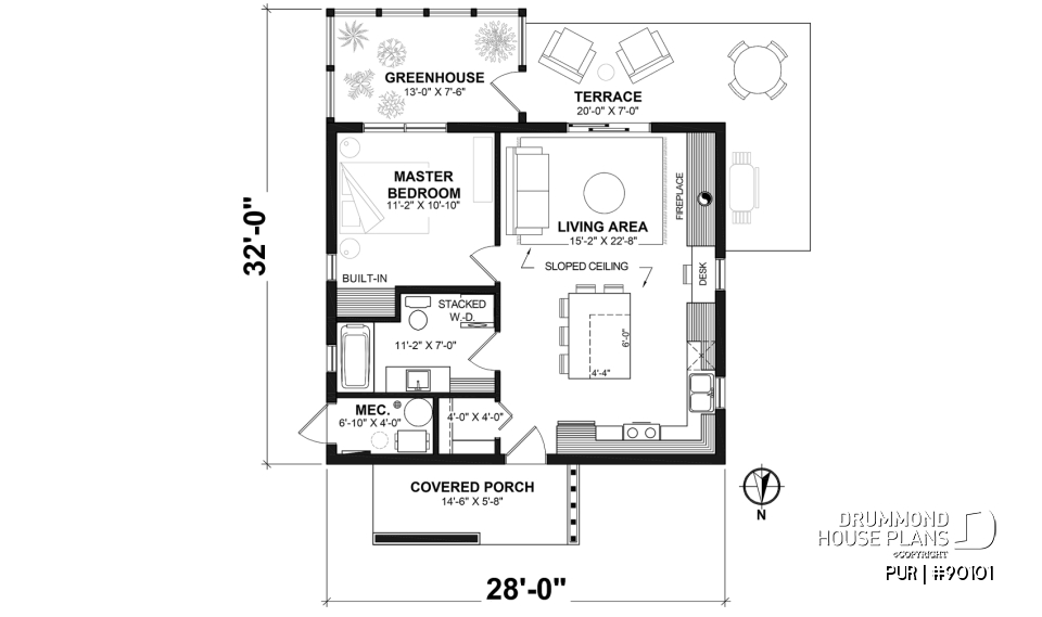 1st level - Eco-friendly house plan, green house, one (1) bedroom, open floor plan concept, office corner - PUR