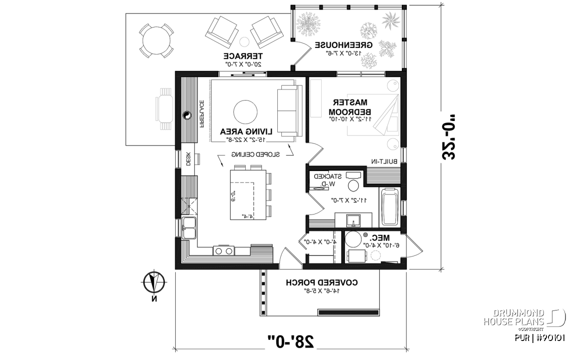 1st level - Eco-friendly house plan, green house, one (1) bedroom, open floor plan concept, office corner - PUR