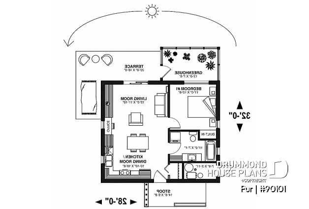 1st level - Ecological house plan, green house,  one (1) bedroom, open floor plan concept, office corner - PUR