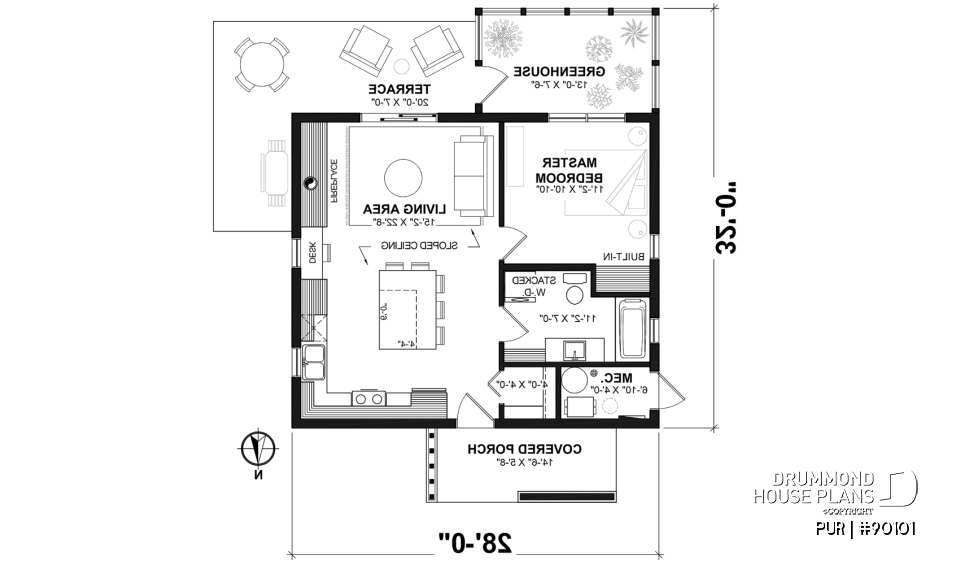 1st level - Eco-friendly house plan, green house, one (1) bedroom, open floor plan concept, office corner - PUR