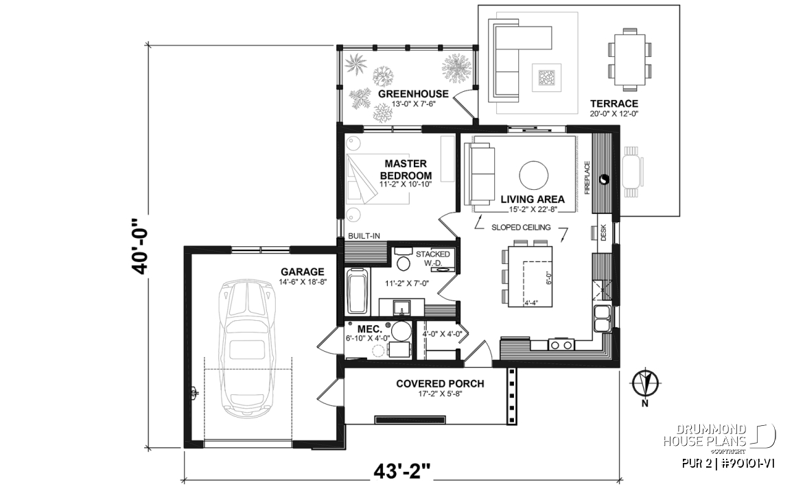 1st level - Eco-friendly tiny house plan with greenhouse and garage, one bedroom and open concept - PUR 2
