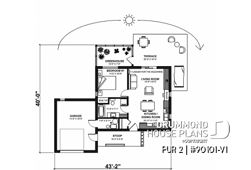 1st level - Eco-friendly tiny house plan with greenhouse and garage, one bedroom, mezzanine and open concept - PUR 2