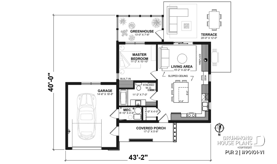 1st level - Eco-friendly tiny house plan with greenhouse and garage, one bedroom and open concept - PUR 2
