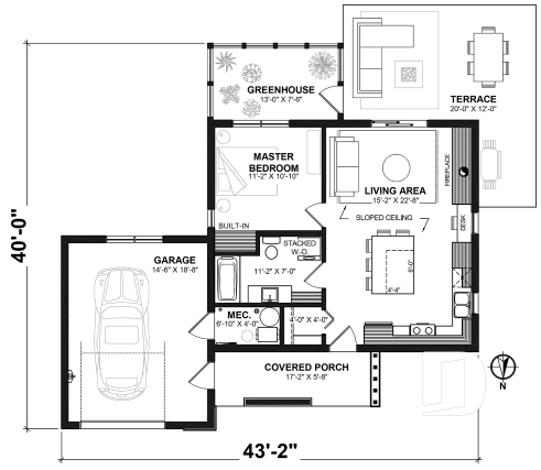 1st level - Eco-friendly tiny house plan with greenhouse and garage, one bedroom and open concept - PUR 2