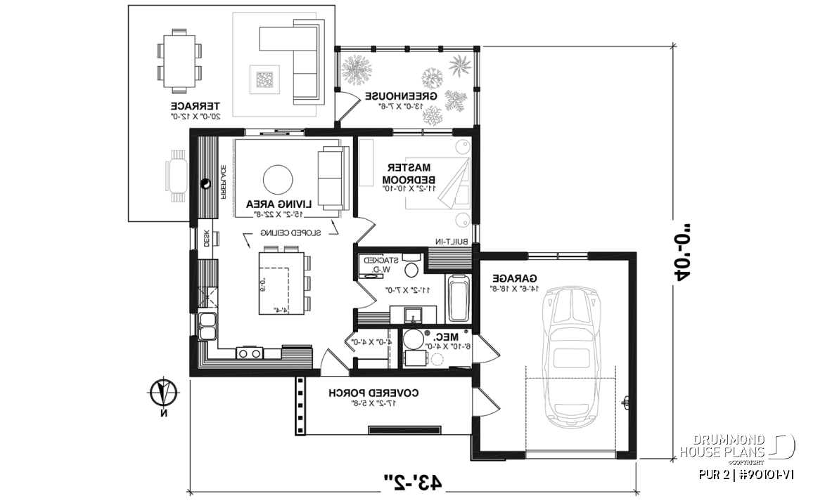 1st level - Eco-friendly tiny house plan with greenhouse and garage, one bedroom and open concept - PUR 2