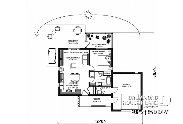 1st level - Eco-friendly tiny house plan with greenhouse and garage, one bedroom and open concept - PUR 2