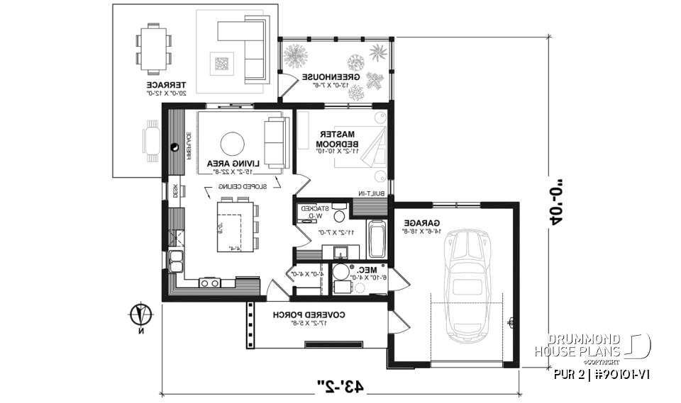1st level - Eco-friendly tiny house plan with greenhouse and garage, one bedroom and open concept - PUR 2