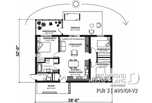 1st level - 3 bedroom ecological house plan with a greenhouse, and great open floor plan concept - PUR 3