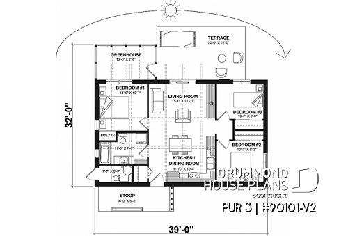 1st level - 3 bedroom ecological house plan with a greenhouse, and great open floor plan concept - PUR 3