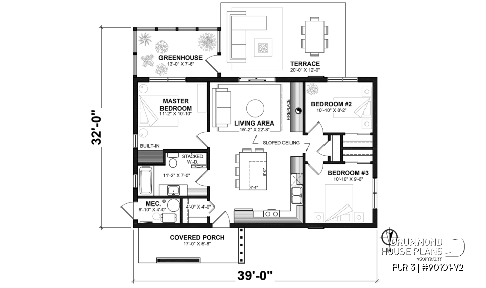 1st level - 3 bedroom eco-friendly home plan with a greenhouse, and great open floor plan concept - PUR 3