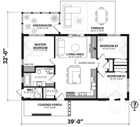 1st level - 3 bedroom eco-friendly home plan with a greenhouse, and great open floor plan concept - PUR 3