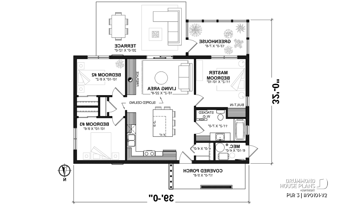 1st level - 3 bedroom eco-friendly home plan with a greenhouse, and great open floor plan concept - PUR 3