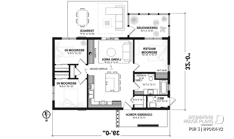 1st level - 3 bedroom eco-friendly home plan with a greenhouse, and great open floor plan concept - PUR 3