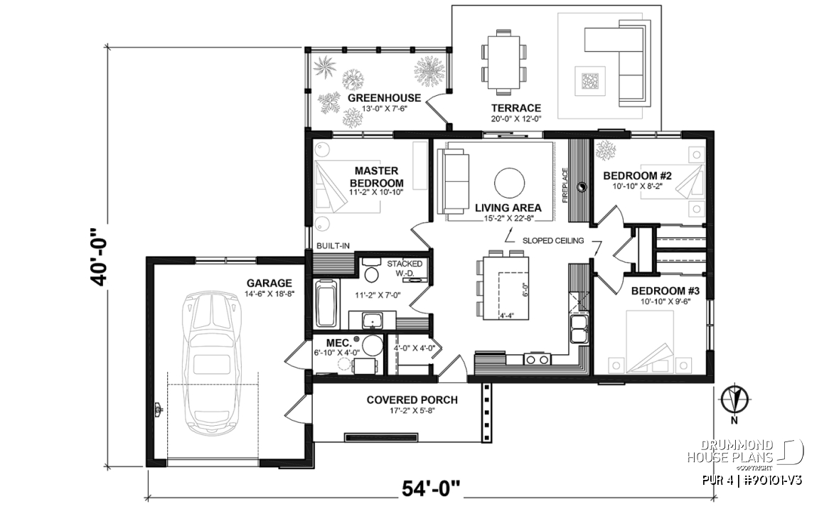 1st level - Eco-friendly 3 bedroom house plans with garage and a greenhouse pour your veggies! - PUR 4