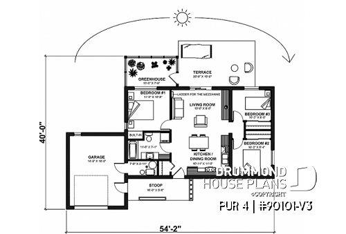 1st level - Ecological 3 bedroom house plans with garage and a greenhouse pour your veggies! - PUR 4