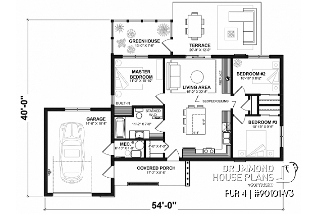 1st level - Ecological 3 bedroom house plans with garage and a greenhouse pour your veggies! - PUR 4