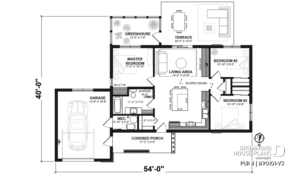 1st level - Eco-friendly 3 bedroom house plans with garage and a greenhouse pour your veggies! - PUR 4