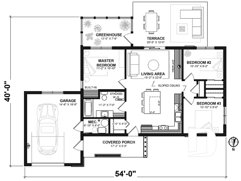 1st level - Eco-friendly 3 bedroom house plans with garage and a greenhouse pour your veggies! - PUR 4