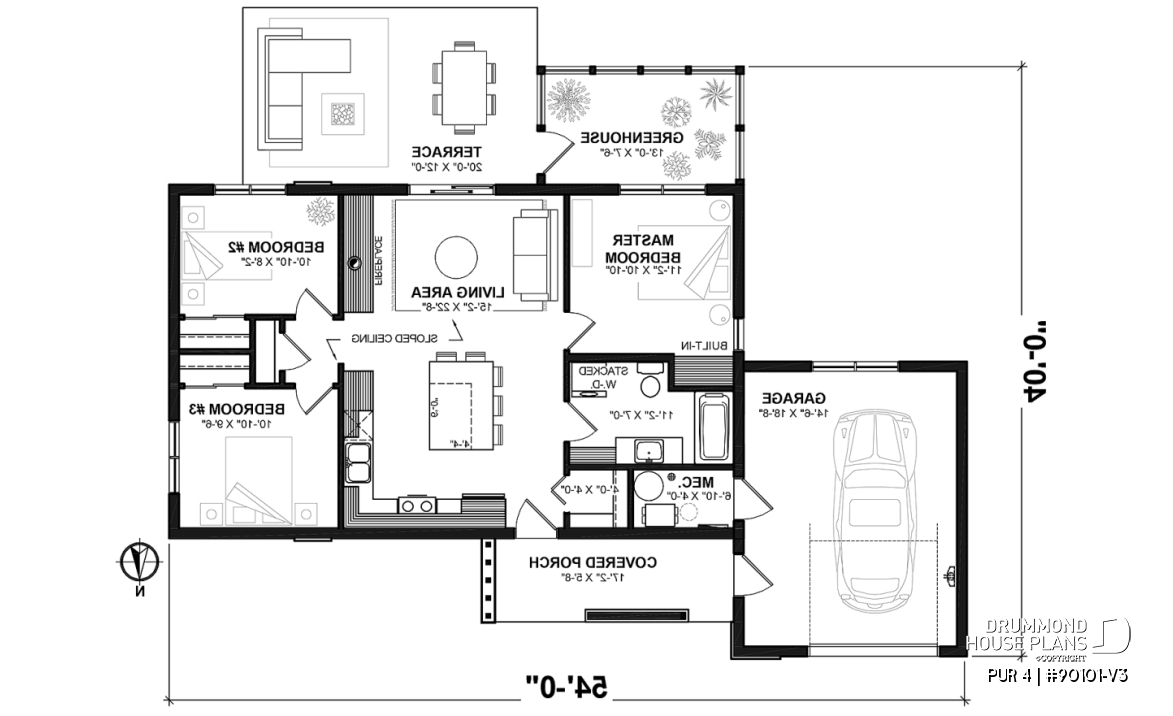 1st level - Eco-friendly 3 bedroom house plans with garage and a greenhouse pour your veggies! - PUR 4
