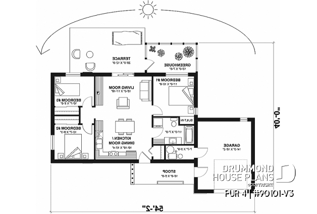 1st level - Ecological 3 bedroom house plans with garage and a greenhouse pour your veggies! - PUR 4