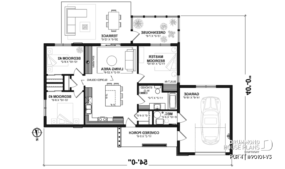 1st level - Eco-friendly 3 bedroom house plans with garage and a greenhouse pour your veggies! - PUR 4