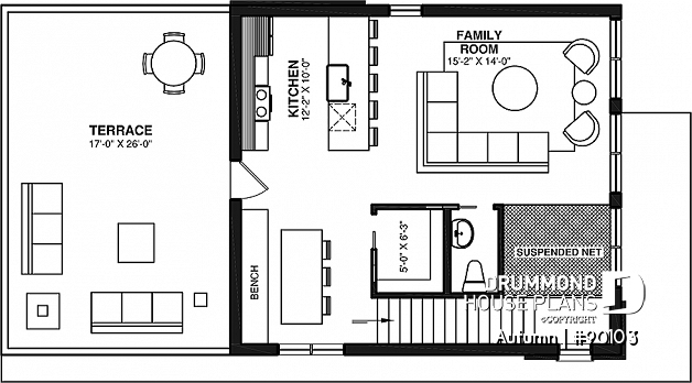 2nd level - 2 to 4 bedroom ecological house plan, garage, second floor balcony, trendy reading area (hanging net) - Autumn