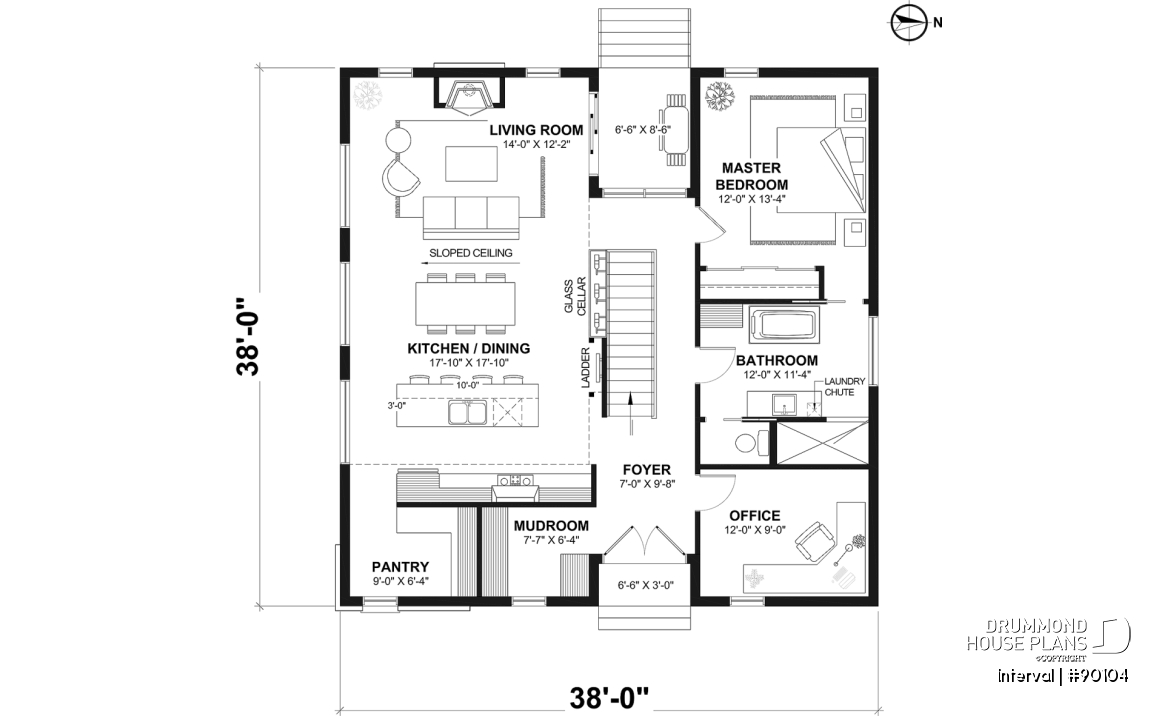1st level - Environmentally friendly house plan, 1 to 4 beds, den, fireplace, mezzanine, optional finished basement ($) - Interval