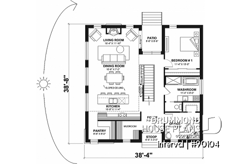 1st level - Environmentally friendly house plan, 1 to 4 beds, home office, 2 family rooms, fireplace, mezzanine - Interval