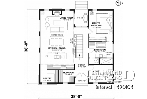 1st level - Environmentally friendly house plan, 1 to 4 beds, home office, 2 family rooms, fireplace, mezzanine - Interval