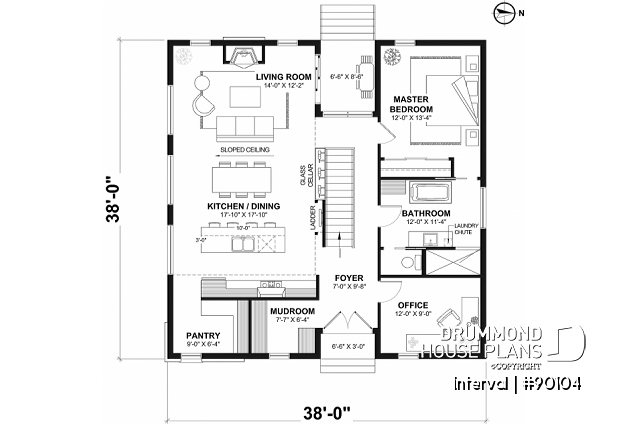 1st level - Environmentally friendly house plan, 1 to 4 beds, den, fireplace, mezzanine, optional finished basement ($) - Interval