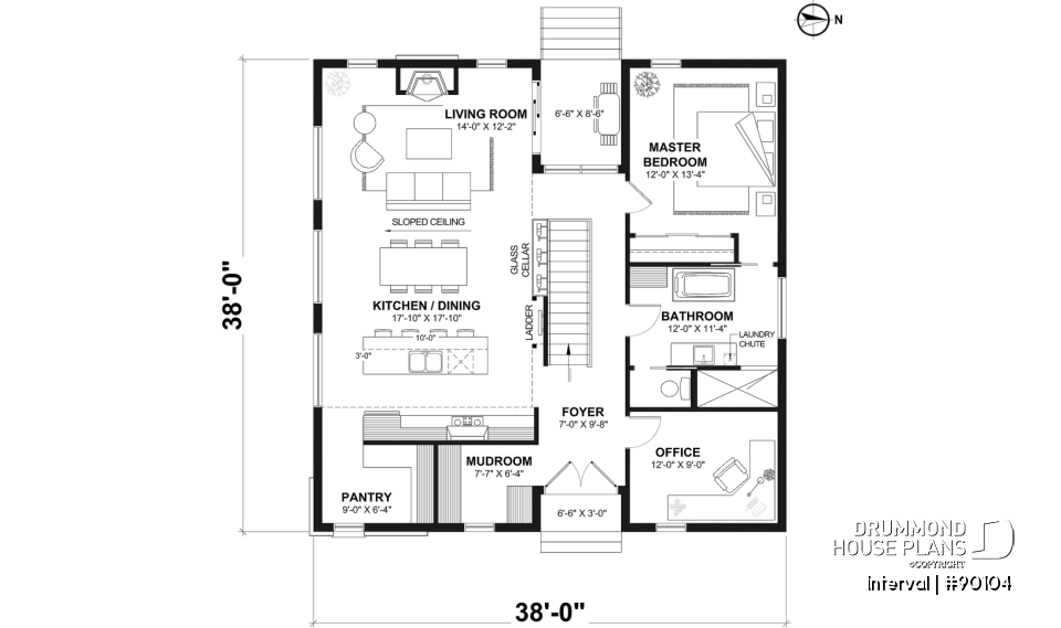 1st level - Environmentally friendly house plan, 1 to 4 beds, den, fireplace, mezzanine, optional finished basement ($) - Interval