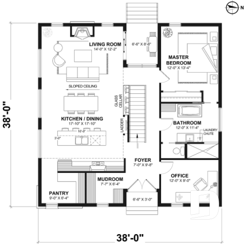 1st level - Environmentally friendly house plan, 1 to 4 beds, den, fireplace, mezzanine, optional finished basement ($) - Interval