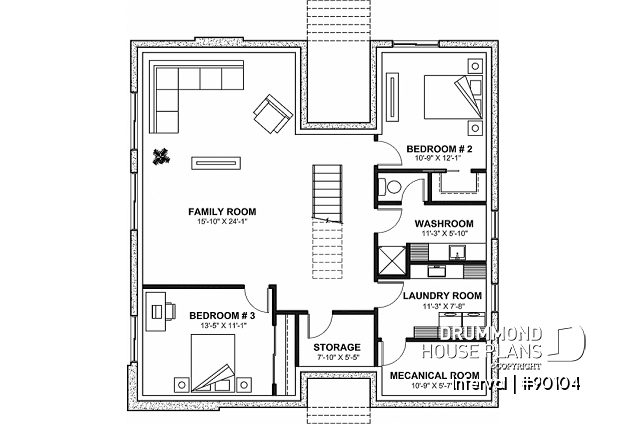 Basement - Environmentally friendly house plan, 1 to 4 beds, home office, 2 family rooms, fireplace, mezzanine - Interval