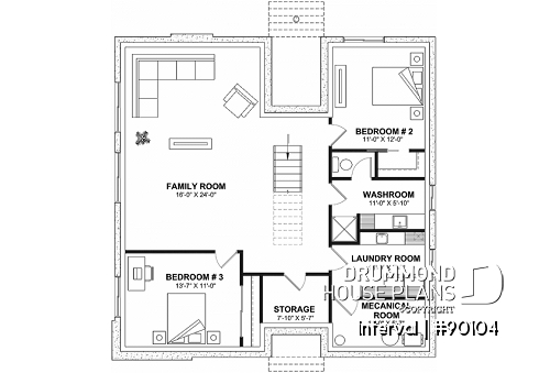 Finished basement - Environmentally friendly house plan, 1 to 4 beds, home office, 2 family rooms, fireplace, mezzanine - Interval