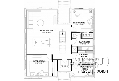 Finished basement - Environmentally friendly house plan, 1 to 4 beds, den, fireplace, mezzanine, optional finished basement ($) - Interval