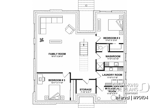 Finished basement - Environmentally friendly house plan, 1 to 4 beds, home office, 2 family rooms, fireplace, mezzanine - Interval