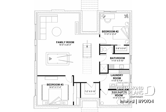 Finished basement - Environmentally friendly house plan, 1 to 4 beds, den, fireplace, mezzanine, optional finished basement ($) - Interval