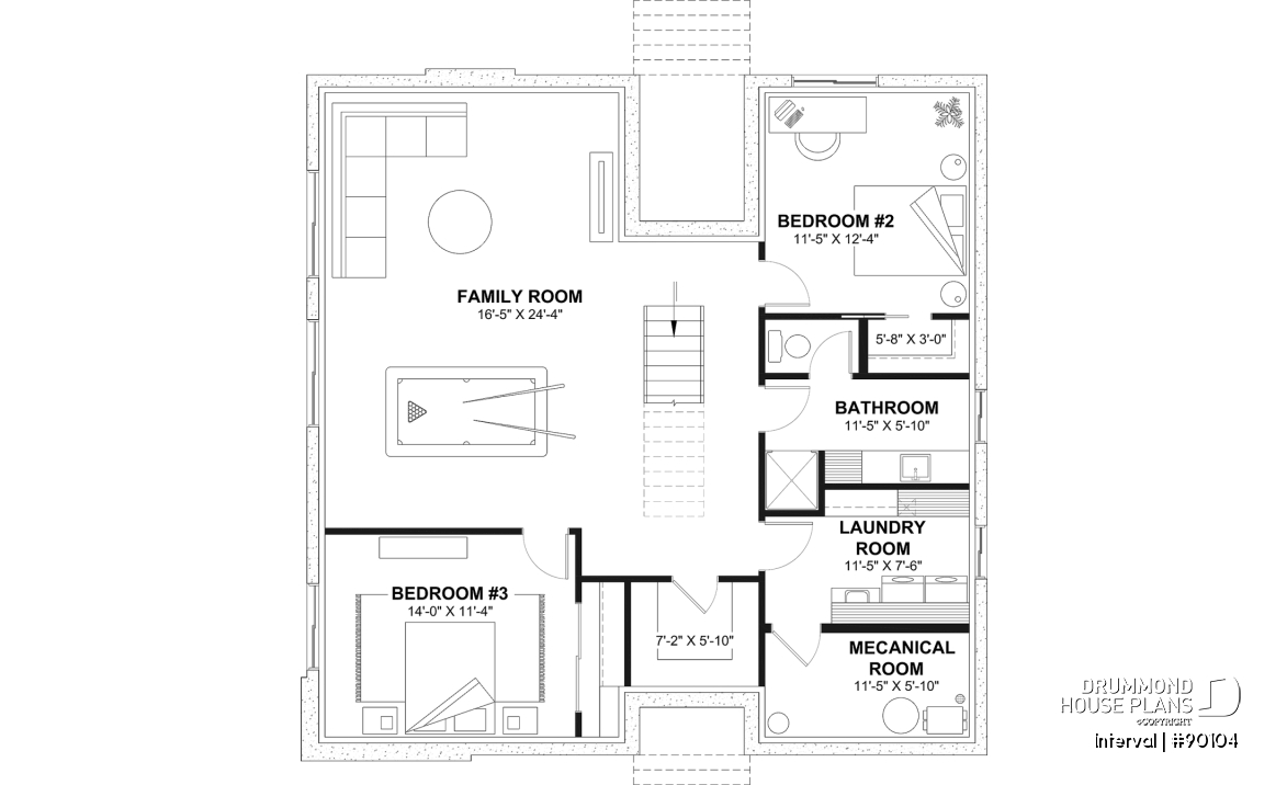 Finished basement (Optional $) - Environmentally friendly house plan, 1 to 4 beds, den, fireplace, mezzanine, optional finished basement ($) - Interval