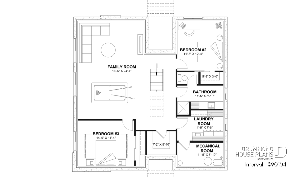 Finished basement (Optional $) - Environmentally friendly house plan, 1 to 4 beds, den, fireplace, mezzanine, optional finished basement ($) - Interval