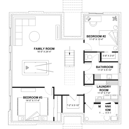 Finished basement (Optional $) - Environmentally friendly house plan, 1 to 4 beds, den, fireplace, mezzanine, optional finished basement ($) - Interval