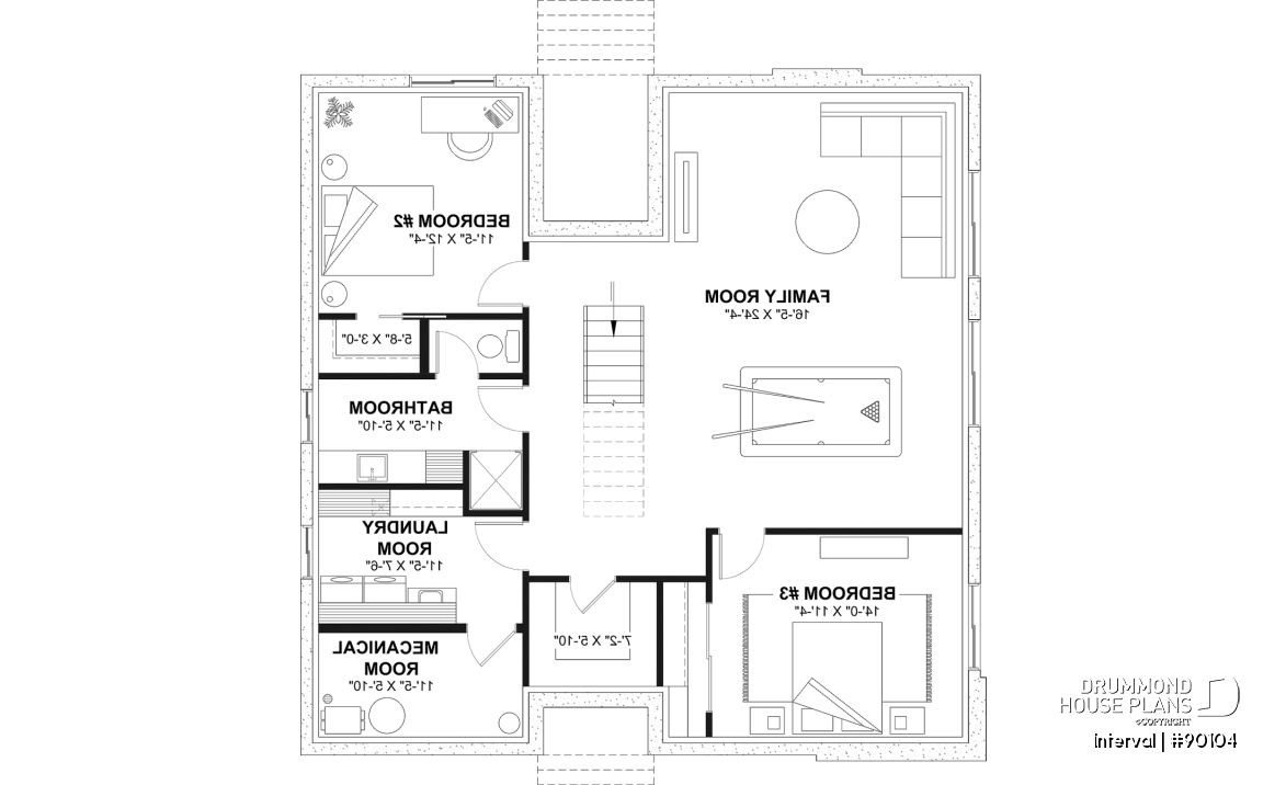 Finished basement (Optional $) - Environmentally friendly house plan, 1 to 4 beds, den, fireplace, mezzanine, optional finished basement ($) - Interval