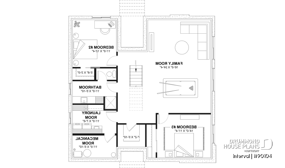 Finished basement (Optional $) - Environmentally friendly house plan, 1 to 4 beds, den, fireplace, mezzanine, optional finished basement ($) - Interval