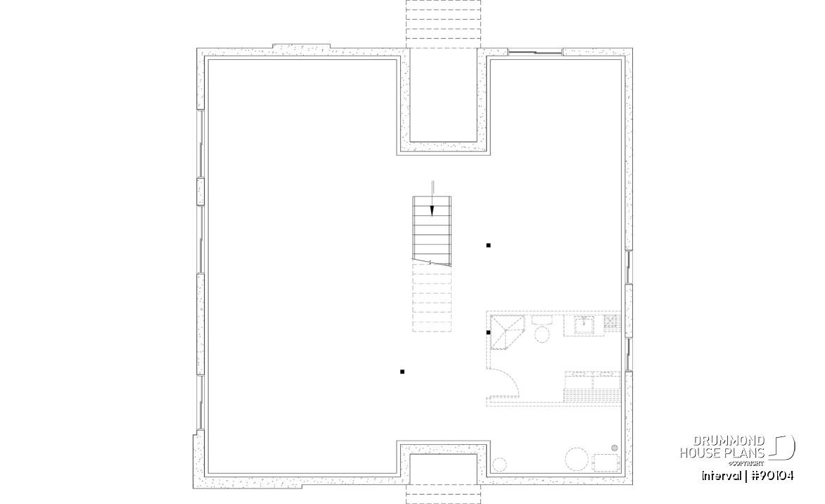 Unfinished basement - Environmentally friendly house plan, 1 to 4 beds, den, fireplace, mezzanine, optional finished basement ($) - Interval