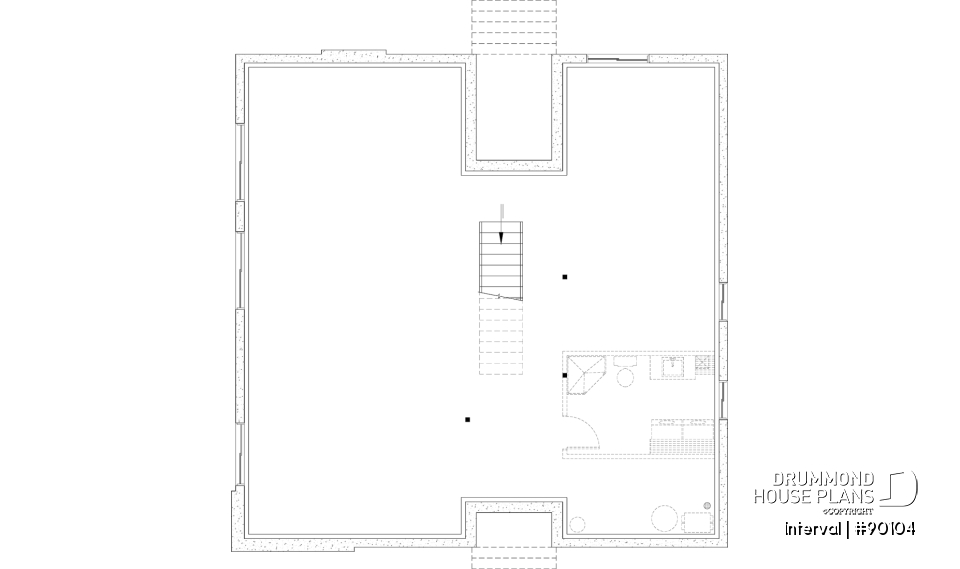 Unfinished basement - Environmentally friendly house plan, 1 to 4 beds, den, fireplace, mezzanine, optional finished basement ($) - Interval