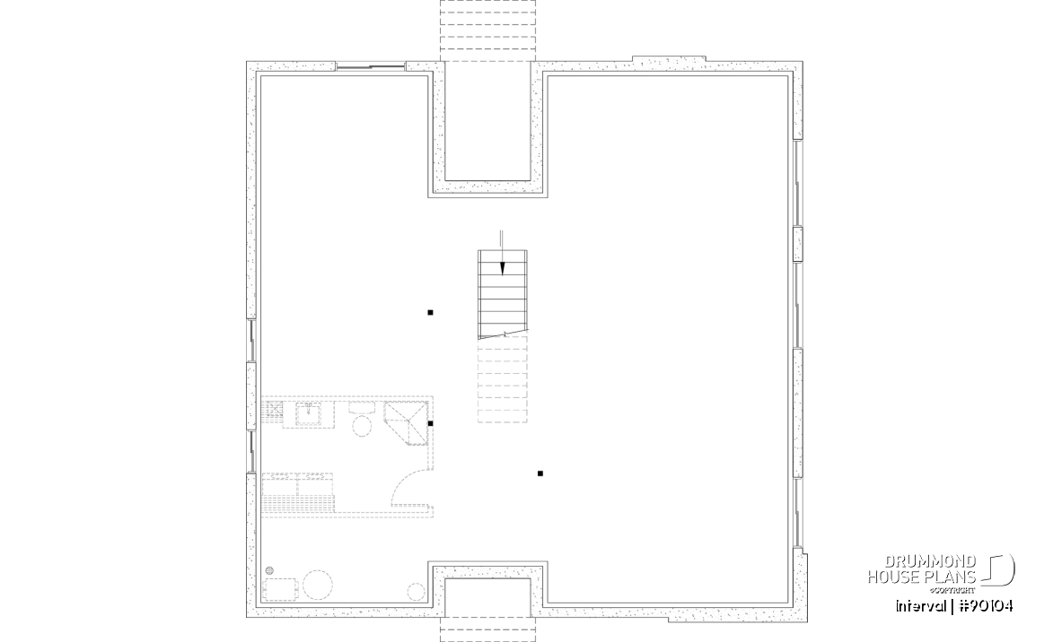 Unfinished basement - Environmentally friendly house plan, 1 to 4 beds, den, fireplace, mezzanine, optional finished basement ($) - Interval